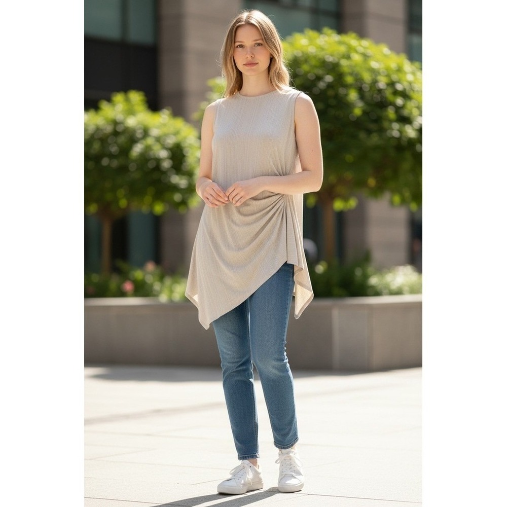 Tahari Tunic Top Womens M Beige champagne Gold Shimmer Ruched Asymmetrical Lined